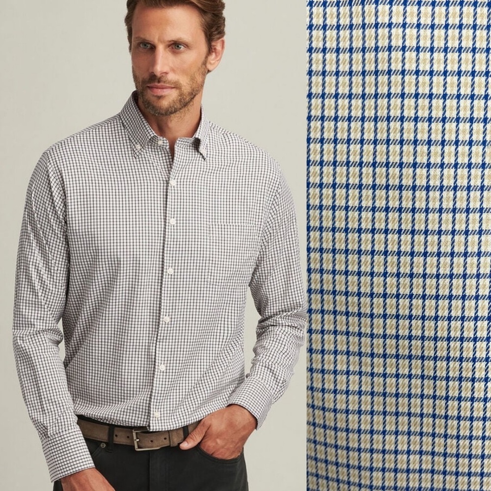 Peter Millar Blue Yellow White Plaid Cotton Button Down Dress Shirt Men's Size L